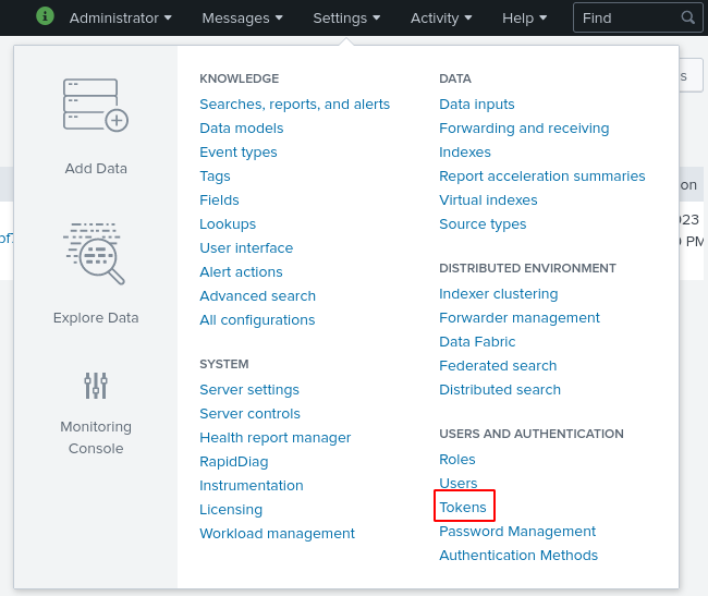 The Tokens option in the Settings menu.